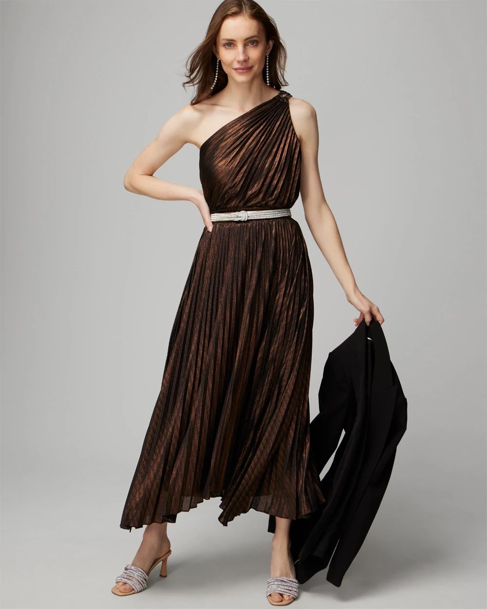 【PORTERNA】Woven Mid-Length One Piece One-Shoulder Bronze Pleated Maxi Dress | White House Black